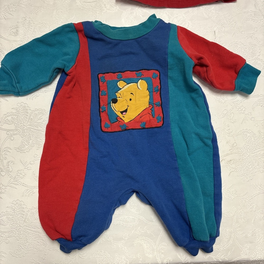 Vintage Disney Winnie the Pooh Color Block Romper Blue Red Teal Long Sleeve 90's